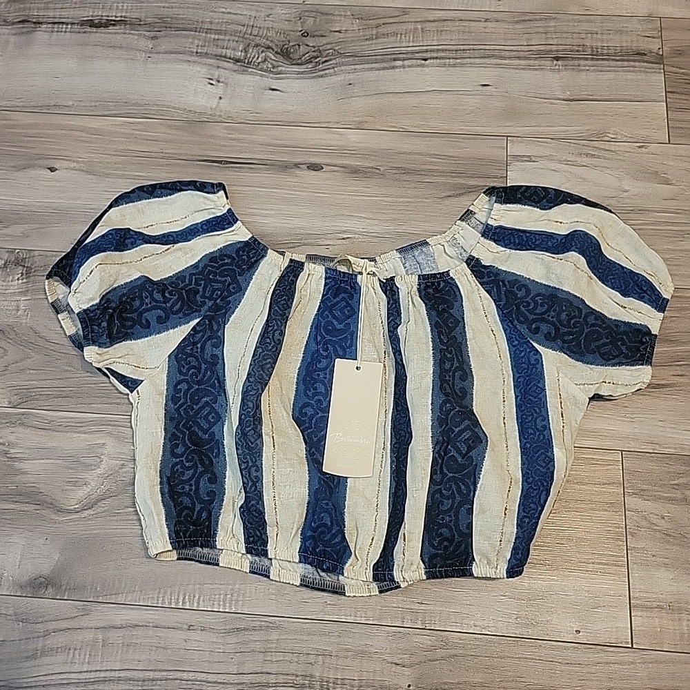 Bellambra Striped Blue White Linen Viscose Off-Shoulder Cropped Blouse Small NEW